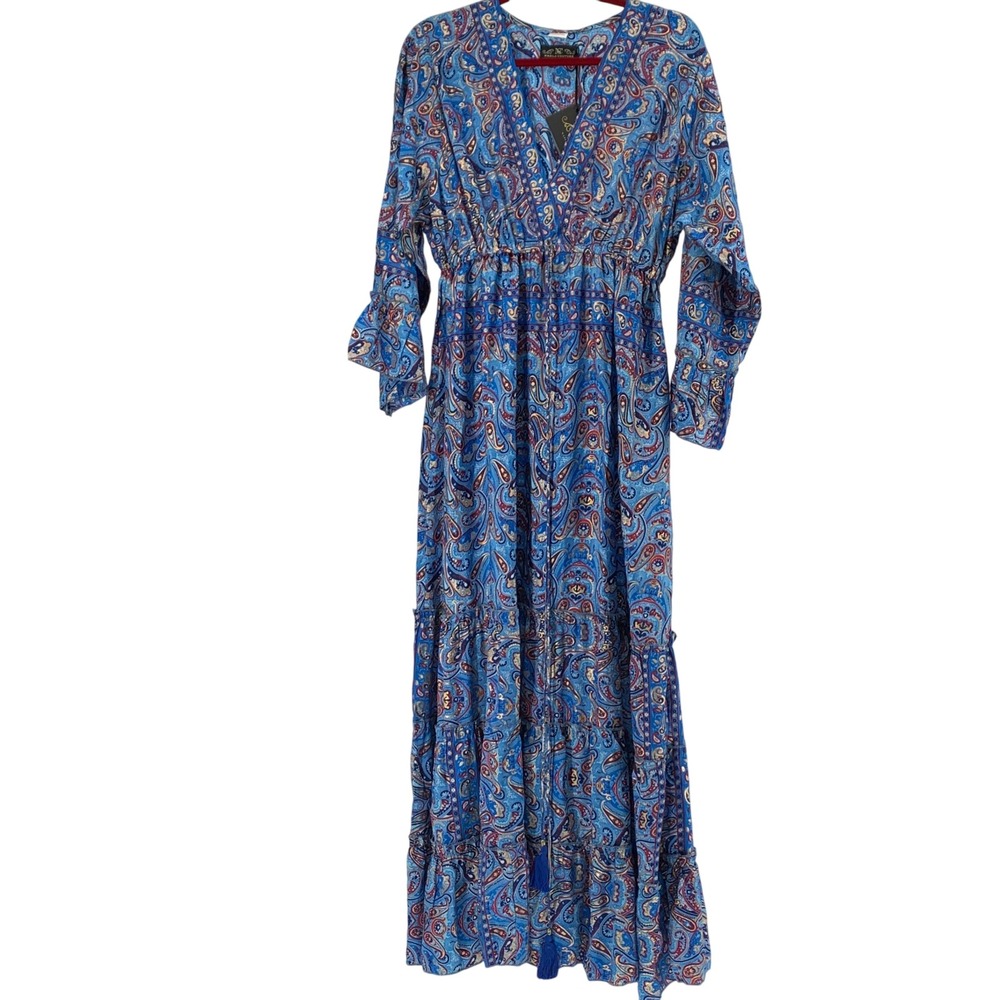 Nazila Couture Silk Blend Maxi Dress Blue Metallic Gold Paisley Tiered Boho NEW